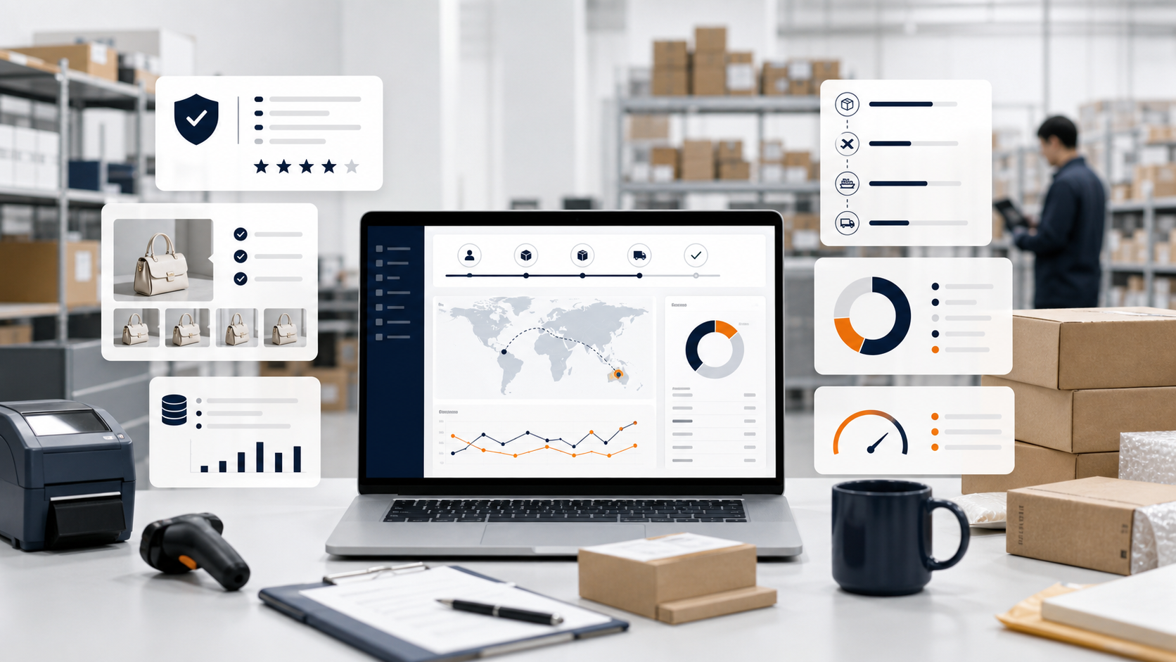 Shopify fulfillment dashboard with supplier, QC, shipping, tracking, and cost proof cards